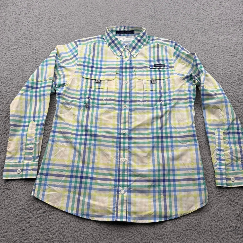 Columbia PFG Fishing Shirt Mens Small Blue Green Plaid Super Bahama Long Sleeve